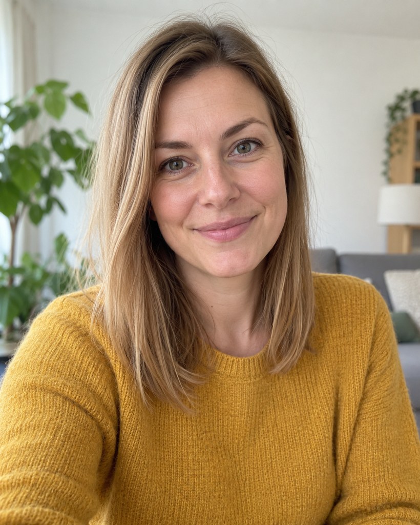 Originales Selfie einer Frau im senfgelben Pullover (eine mit KI erzeugte fiktive Person)