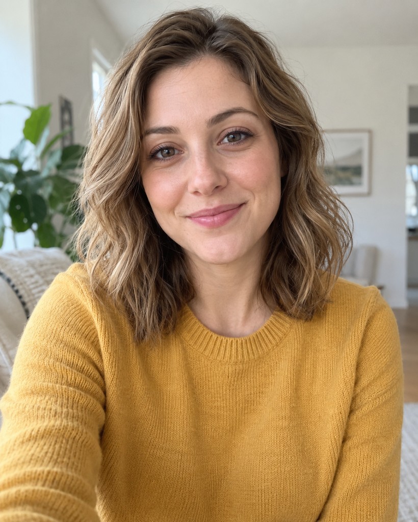 Original selfie of a woman in a mustard sweater (a fictional person generated with AI)