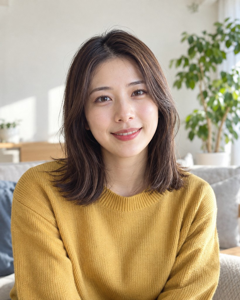 元の写真：黄色いニットの女性（AIで生成した架空の人物）