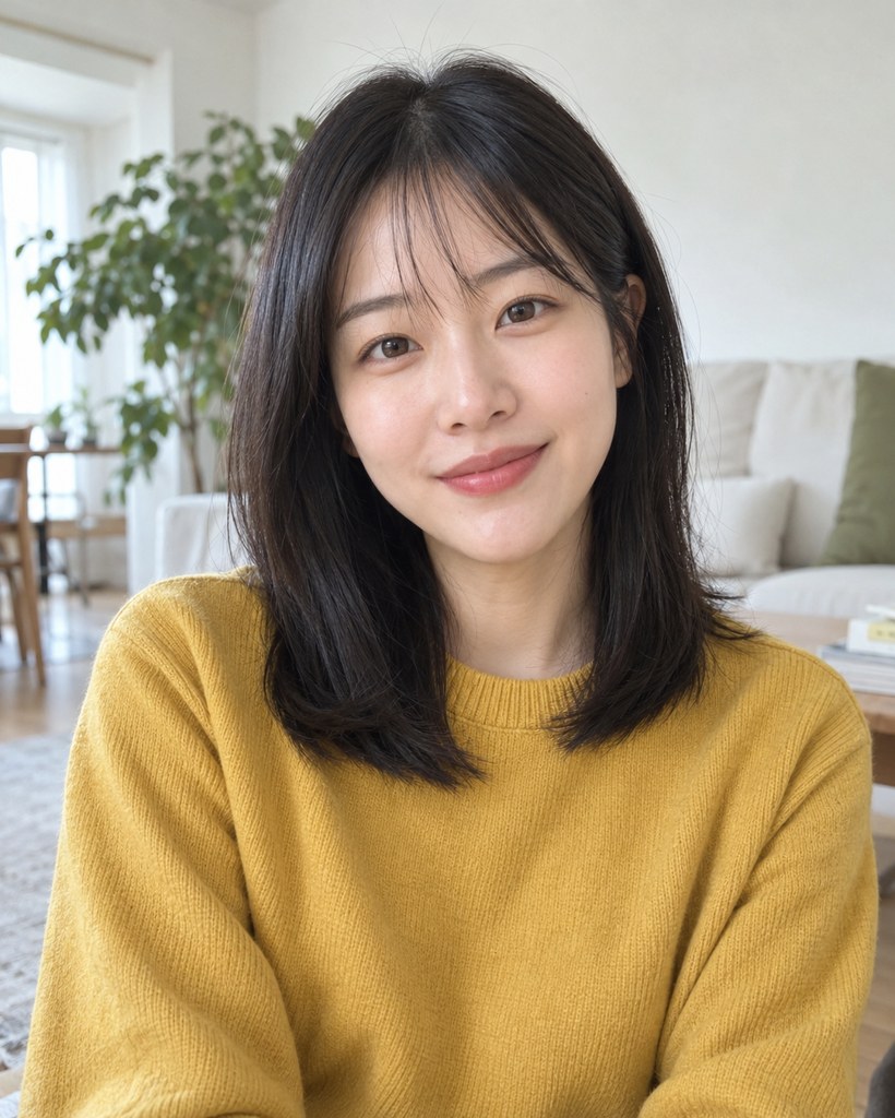 머스터드색 니트를 입은 한국인 여성의 원본 사진 (AI로 생성한 가상 인물)