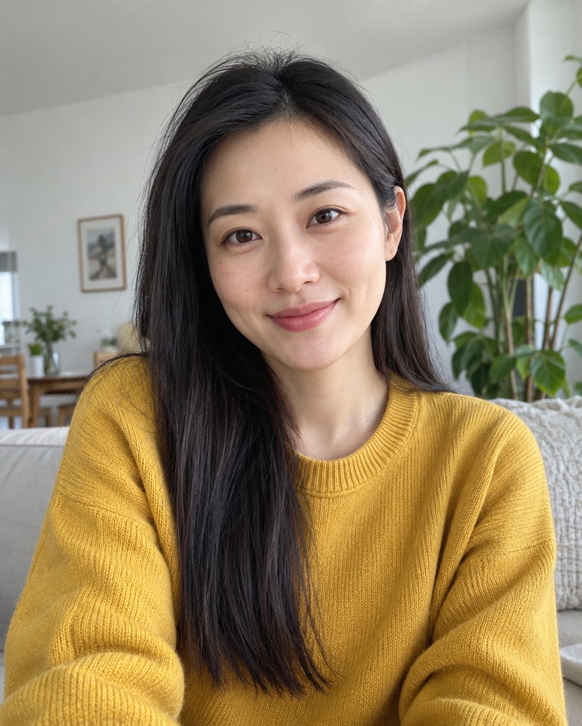 原始照片：穿芥末黄针织衫的中国女性（AI 生成的虚构人物）