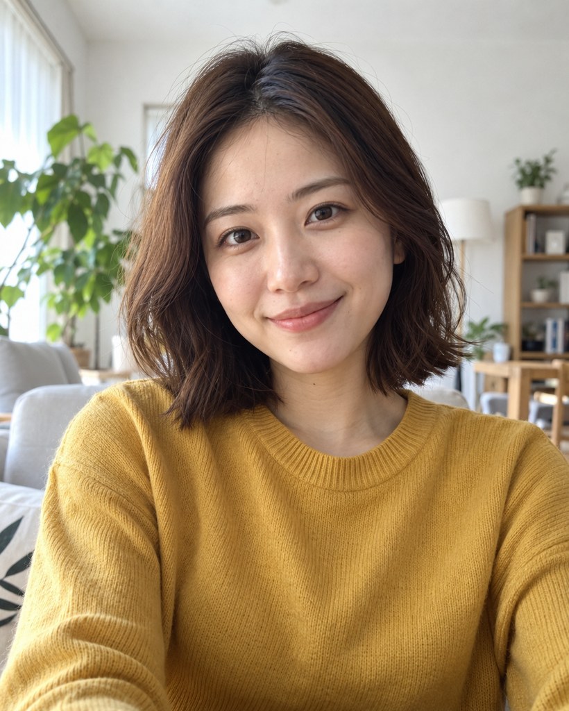 原始照片:穿芥末黃針織衫的台灣女性(AI 生成的虛構人物)