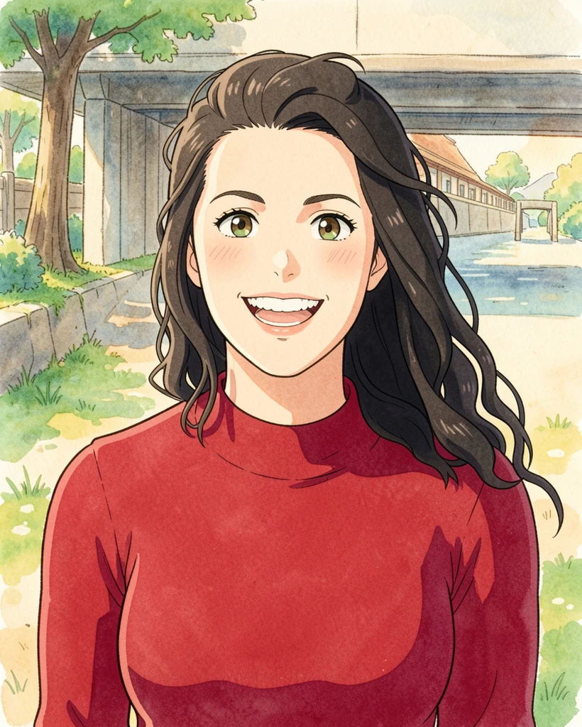 川辺の風景を背景にしたアニメ風の肖像