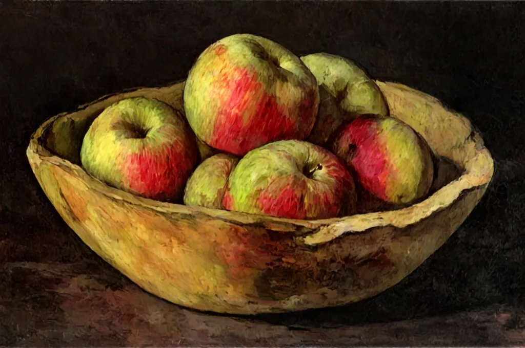 Rote und grüne Äpfel in der Holzschale als Ölgemälde im Stil von Cézanne