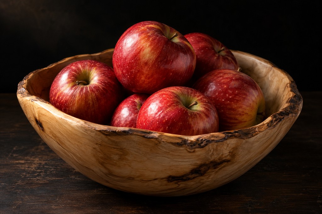 Rote Äpfel in einer Holzschale auf einem dunklen Tisch