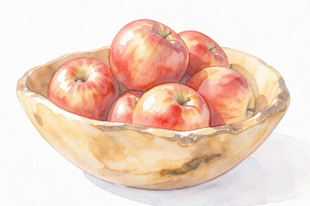 木の器に盛られたりんごの水彩画