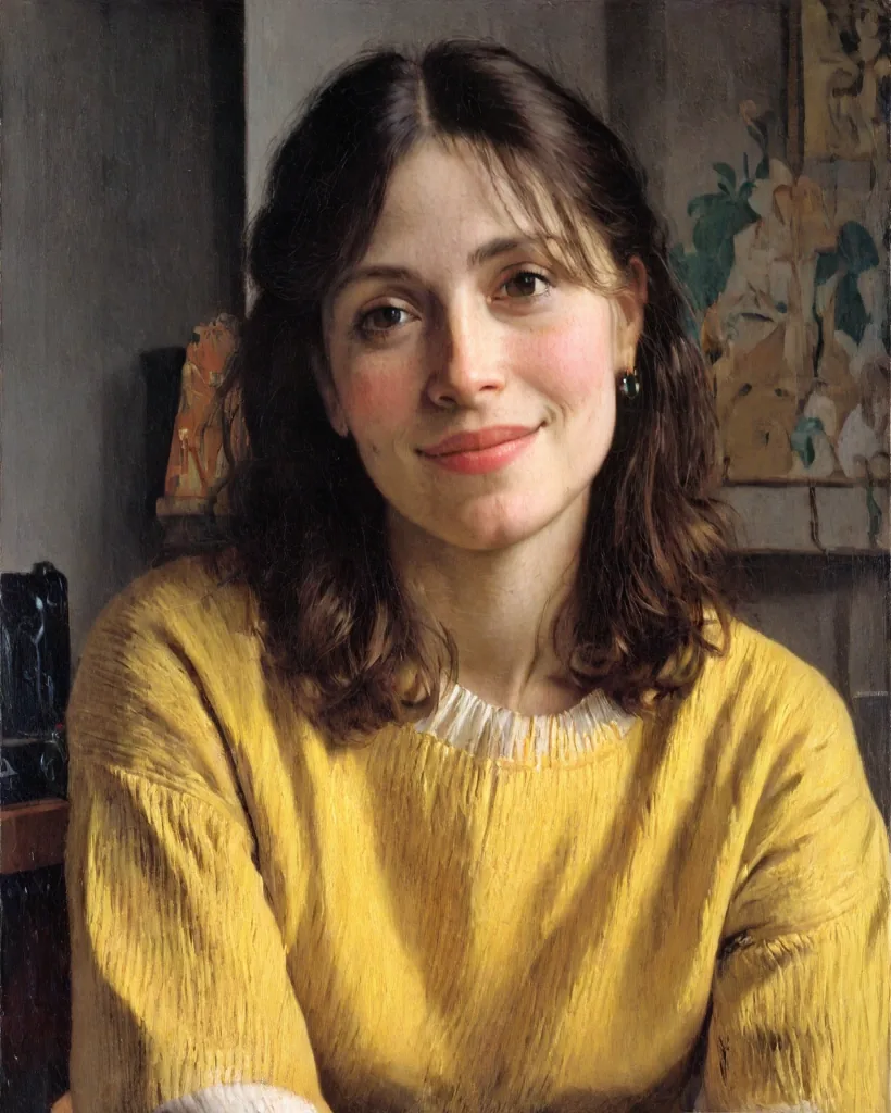 Vermeer-style portrait in a dim interior with soft window light and a white collar