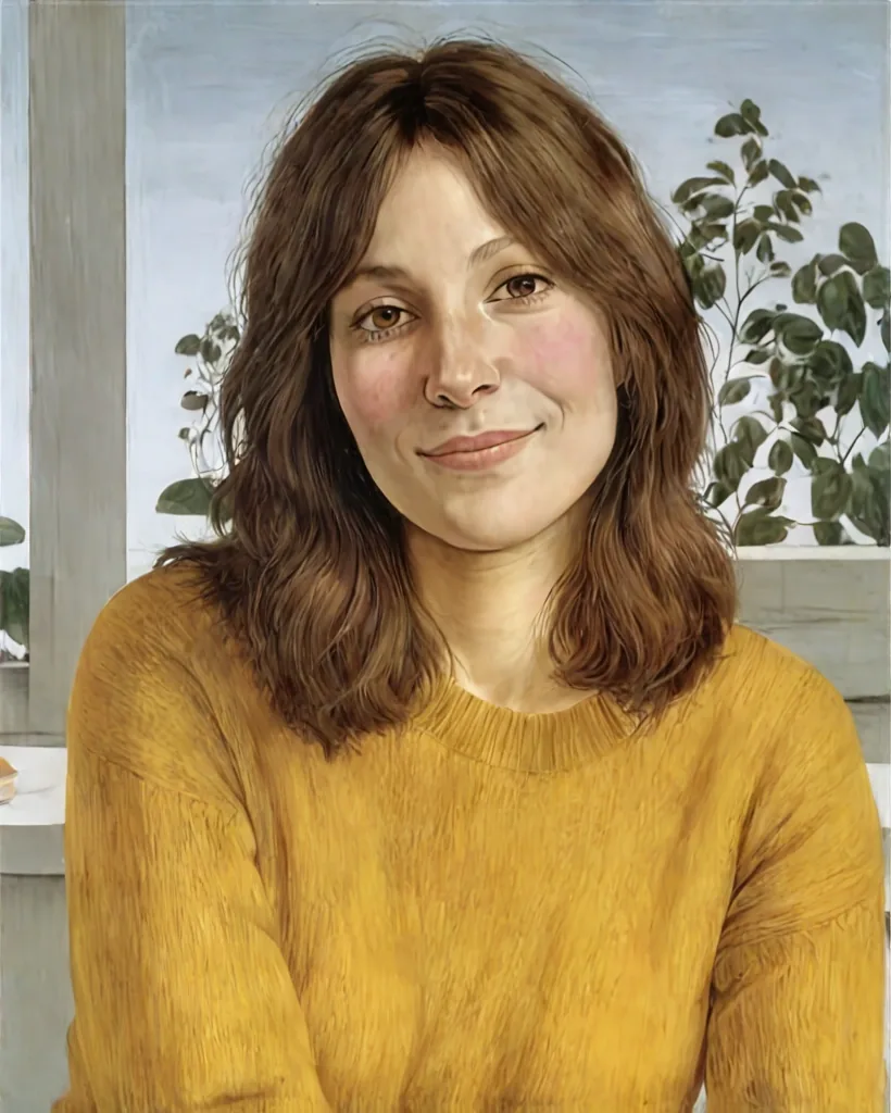 Botticelli-style portrait with pale smooth skin in front of a light colonnade and plants