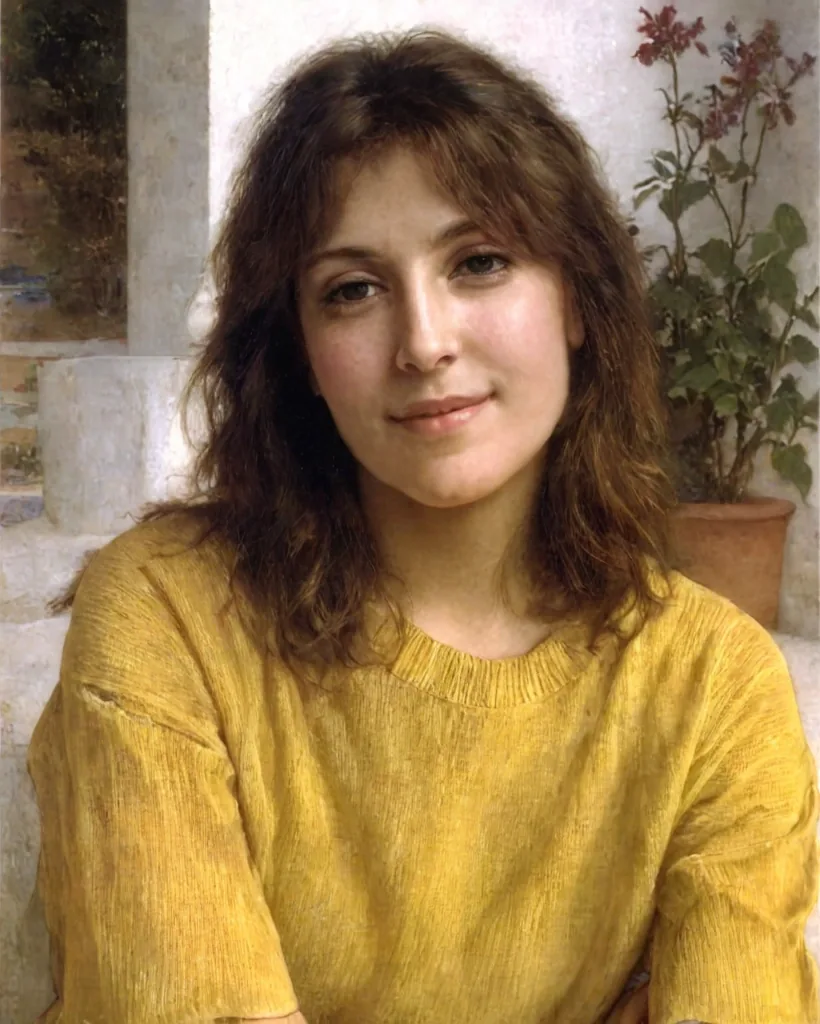 Bouguereau-style classical portrait in a stone setting with a flower pot