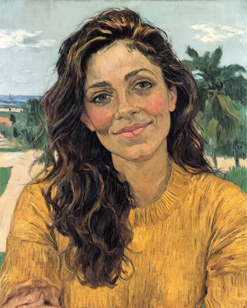 Van Gogh-style painting of the same woman in front of a landscape with sky and trees