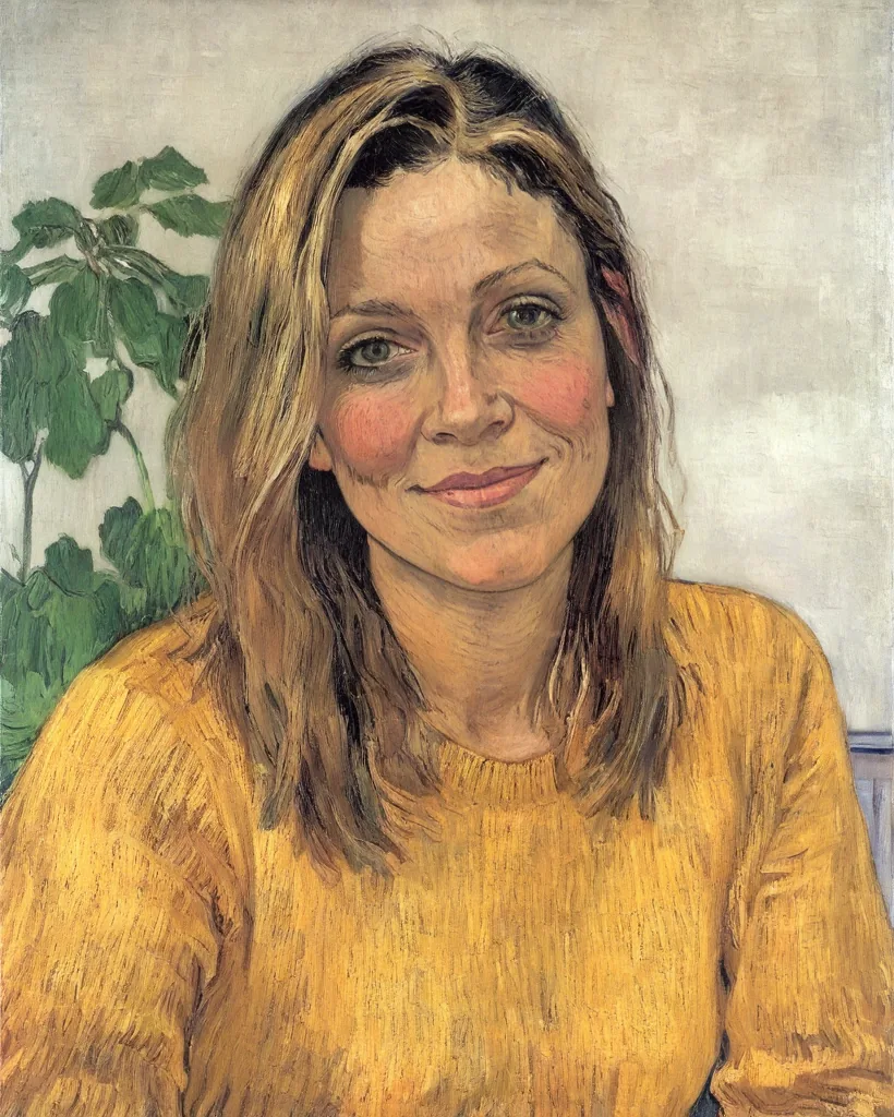 Van Gogh-style painting of the same woman against a pale plaster wall with leaves